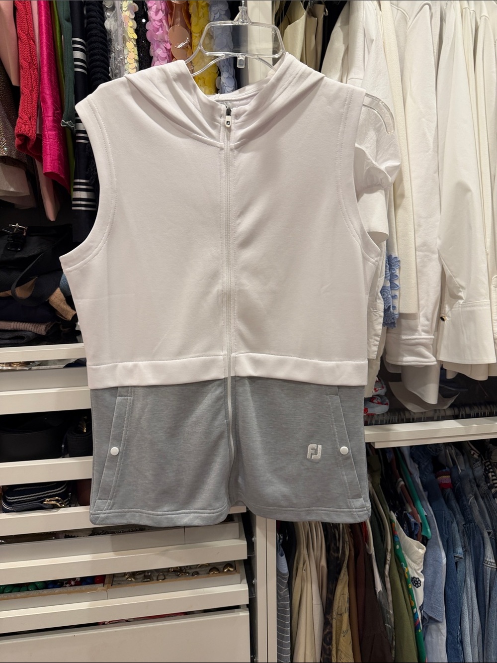 FootJoy Two-Tone Sleeveless Zip Hoodie in White & Light Gray